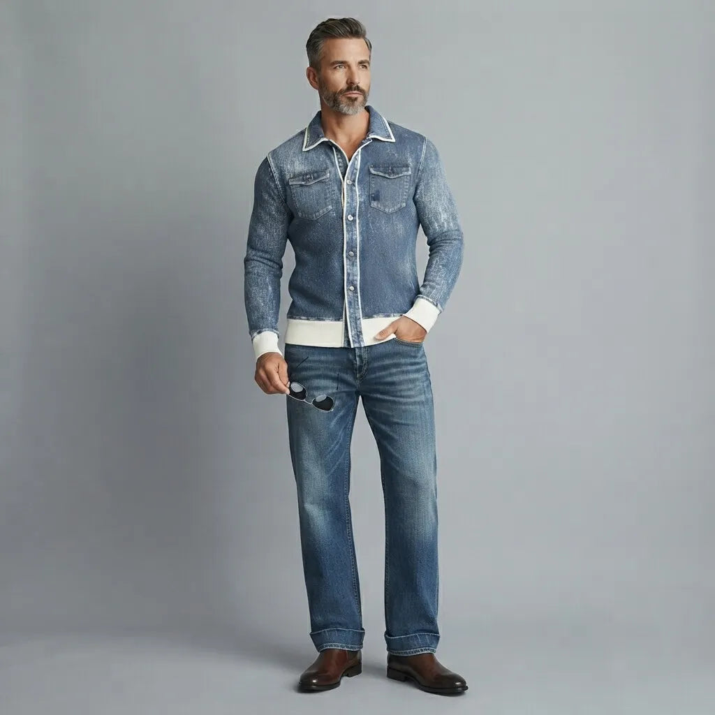 Men's Retro Denim Contrast Binding Chest Pocket Slim Fit Long Sleeve Shirt