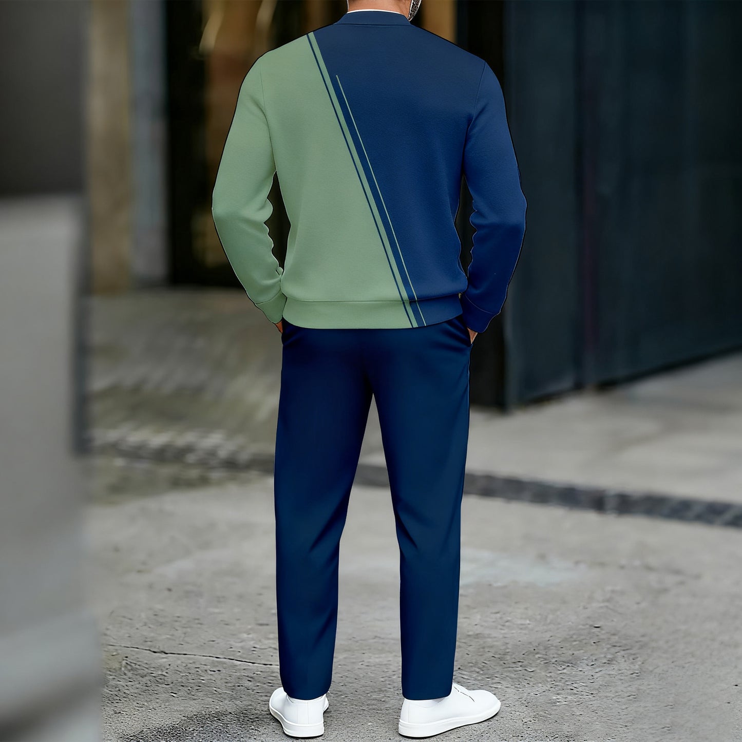 Men's Casual Color Matching Printed Round-Neck Zipper Long Sleeved Trousers Two-Piece Set