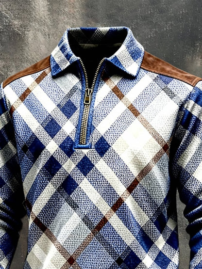 Men's Retro Color Block Print Color-Blocked Zip-Up Sweatshirt