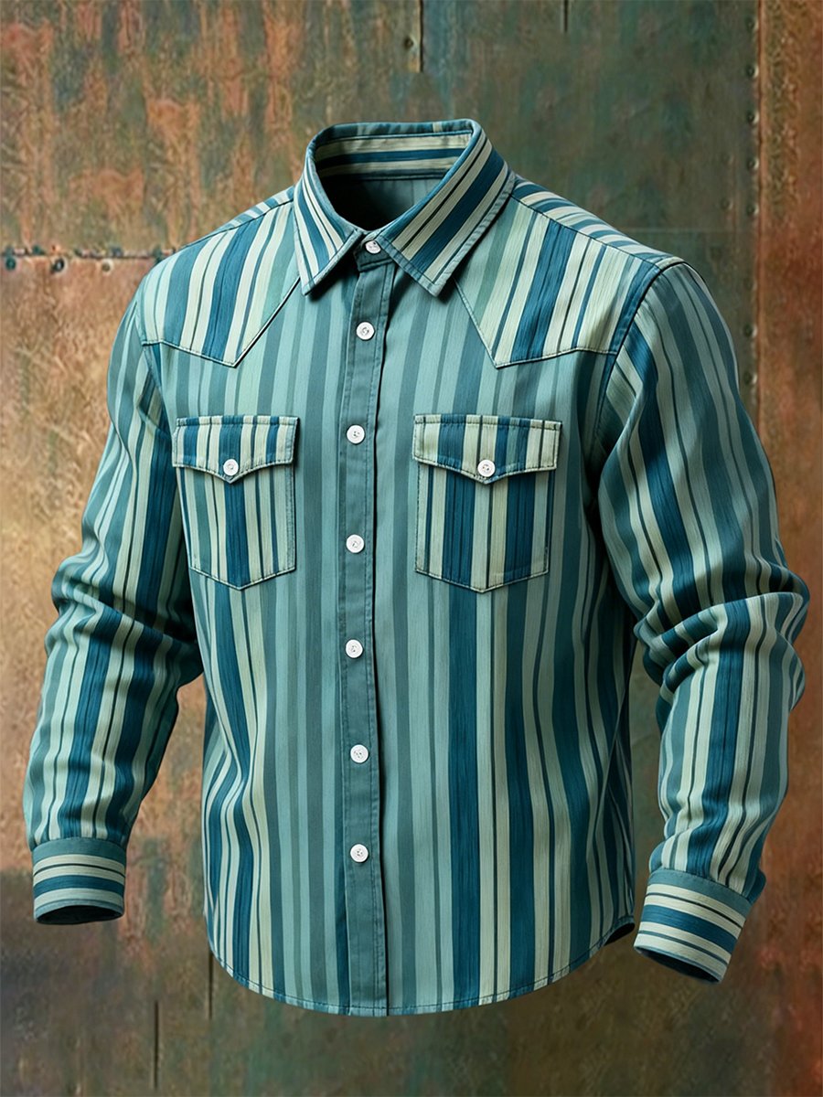 Men's Vintage Striped Western Long-Sleeved Shirt