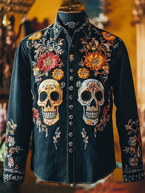 Men's Outdoor Vintage Skull and Floral Print Long Sleeve Shirt