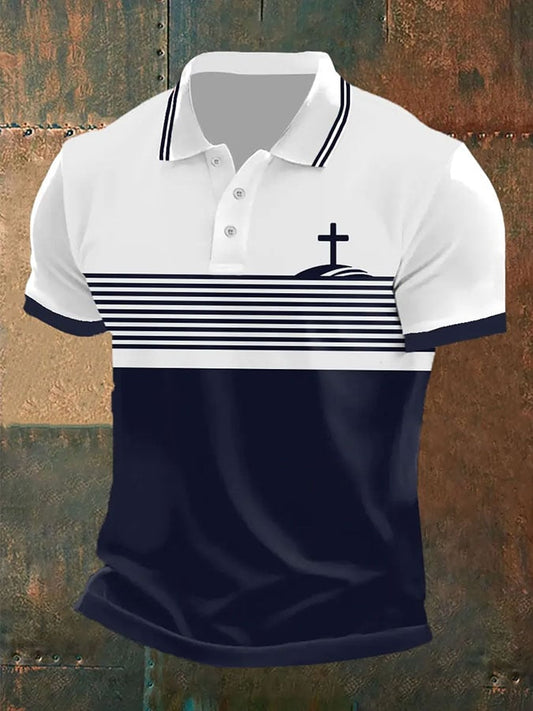 Men's Retro Faith Cross Printed Casual POLO Shirt