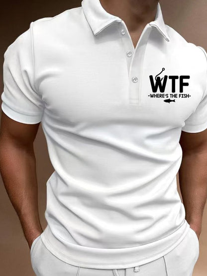 Men's WTF - Where's The Fish Print Contrast Casual Polo Shirt