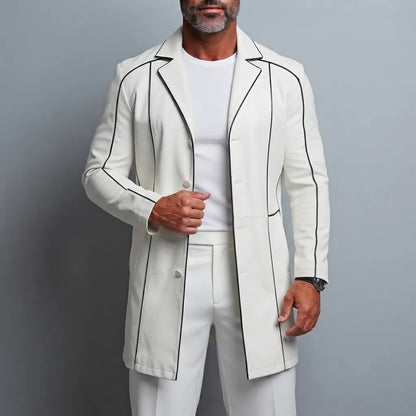 Men's White PU Leather Notched Lapel Contrast Piping Long Sleeve Mid‐Long Single Breasted Trench Coat