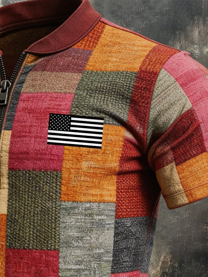 Men's Retro Color-Block Zip-Up T-Shirt