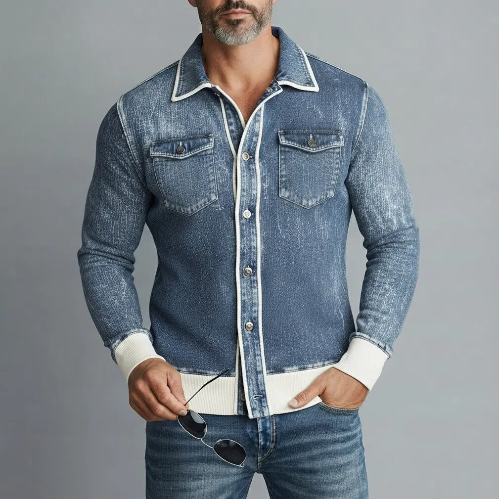 Men's Retro Denim Contrast Binding Chest Pocket Slim Fit Long Sleeve Shirt