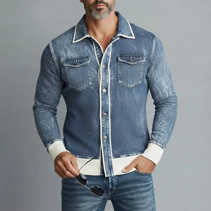 Men's Retro Denim Contrast Binding Chest Pocket Slim Fit Long Sleeve Shirt