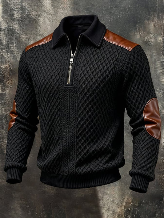 Men'S Vintage-Style Textured Patchwork Color-Block Long-Sleeved Sweatshirt