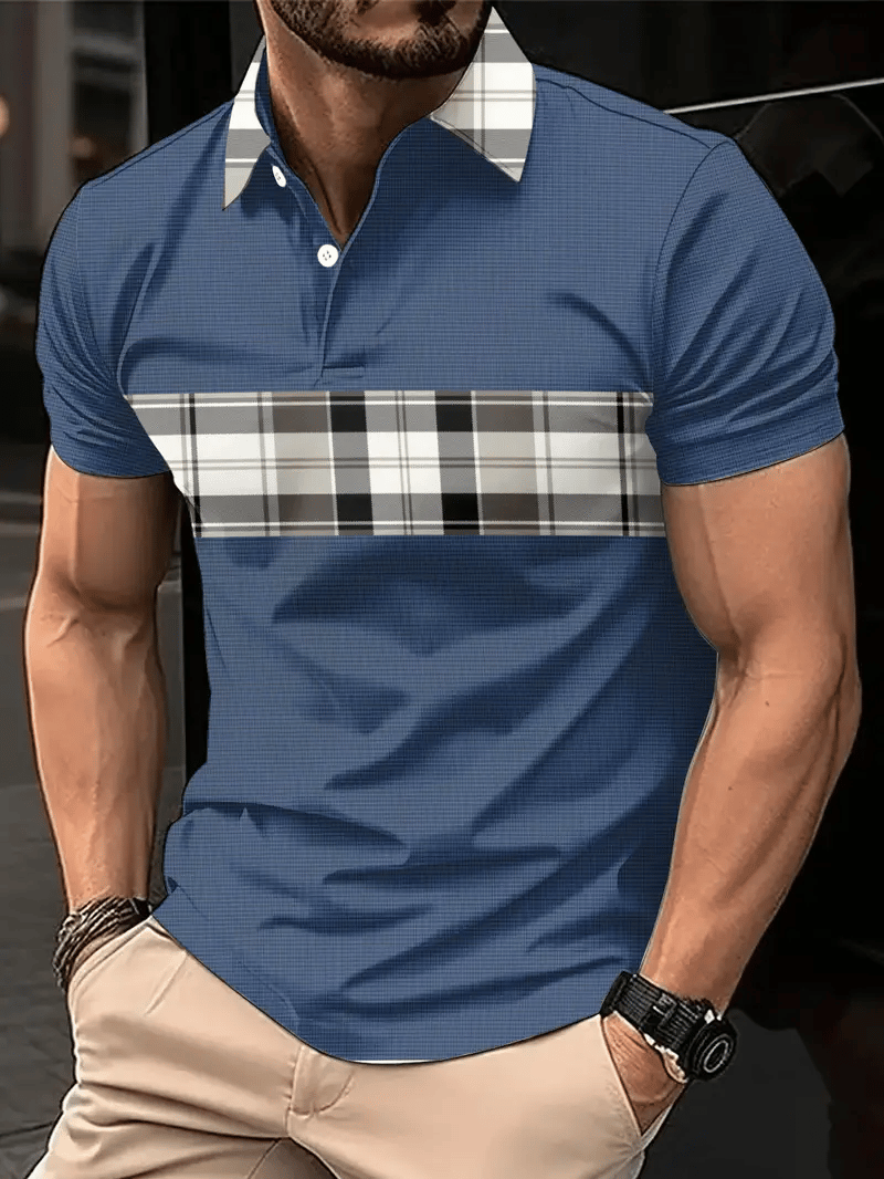 Men's Business Stripe Logo Button-Down Short Sleeve Polo Shirt