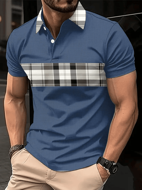 Men's Business Stripe Logo Button-Down Short Sleeve Polo Shirt