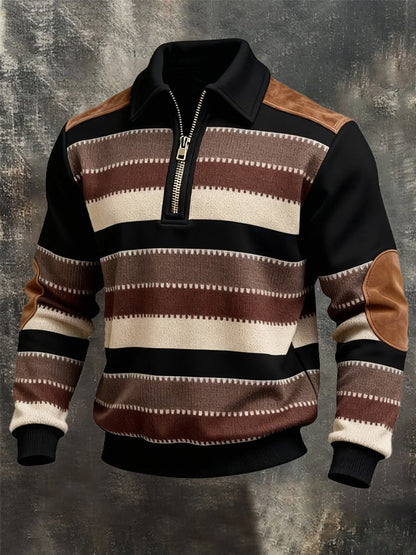 Men's Retro Color Block Print Zipper Sweatshirt