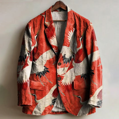 Men's Japanese-style Crane Print Casual Blazer