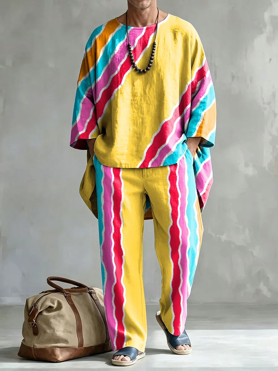 Men's Fashionable Stripes Print Casual Comfort Crew Neck Top And Pants Two-piece Set