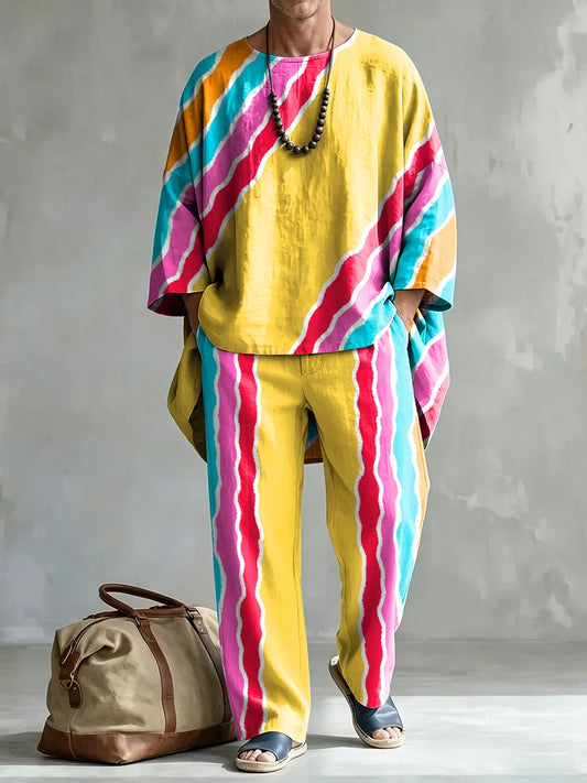 Men's Fashionable Stripes Print Casual Comfort Crew Neck Top And Pants Two-piece Set
