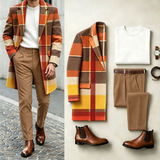 Men's Colorful Checkered Print Suit Set: Jacket, Knit Sweater, and Pants