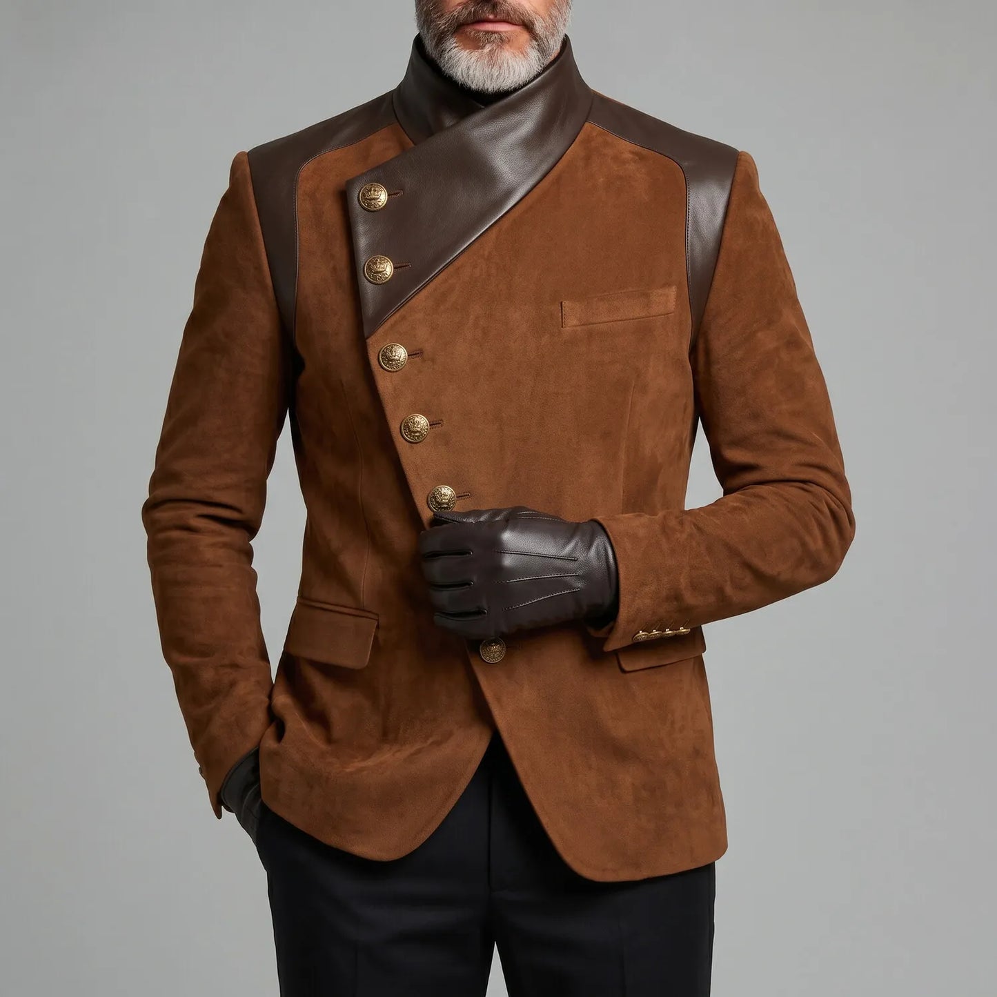 Men's Vintage Asymmetric Oblique Button PU Leather Contrast Spliced Suede Stand Collar Long Sleeve Jacket