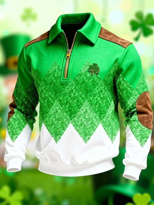 (Detachable Shamrock Brooch Included) Men's St. Patrick's Day Printed Color-Block Zip-Up Hoodie