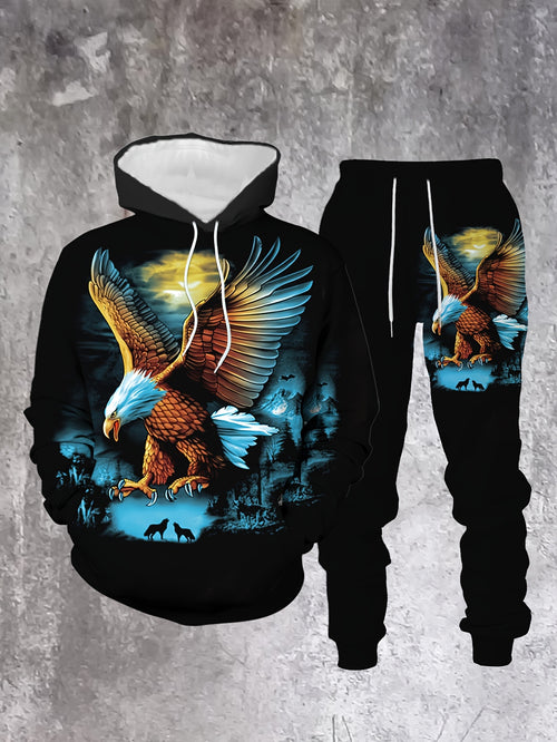 Men's Casual "Eagle" Printed Hoodies Long Sleeved Sweatshirts & Sweatpants Two-Piece Set