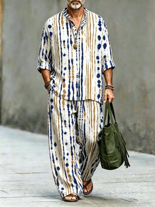 Men's Vintage Abstract Art Printed Cotton Shirt Set (Top & Pants)