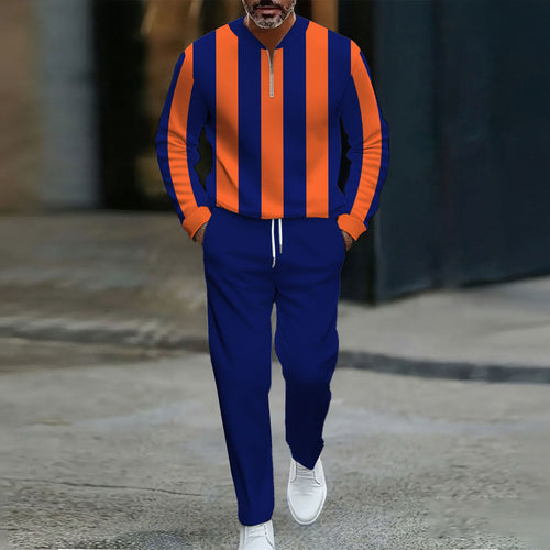 Men's Casual Royal Blue & Orange Striped Color Matching Striped Printed Round Neck Zipper Long-Sleeve Sweatshirt & Pants Two-Piece Set
