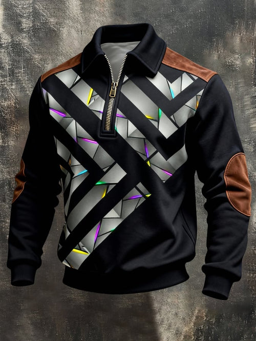 Men's Retro Color Block Print Color-Blocked Zip-Up Sweatshirt