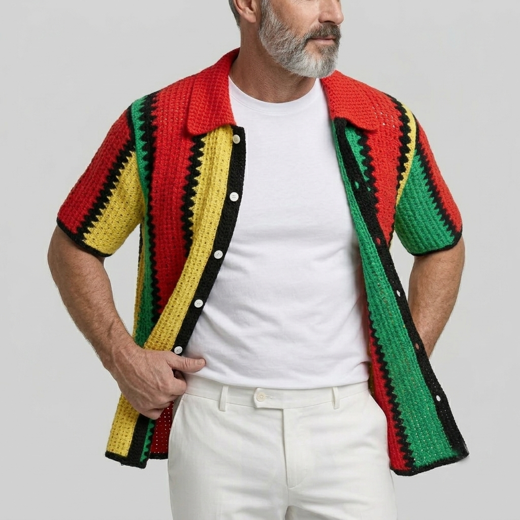 Men's Casual Colorblock Striped Hollow Out Button-Up Short Sleeve Shirt