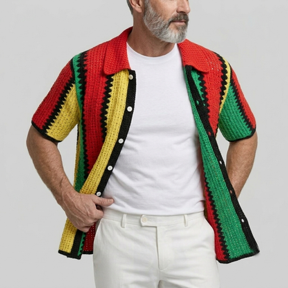 Men's Casual Colorblock Striped Hollow Out Button-Up Short Sleeve Shirt