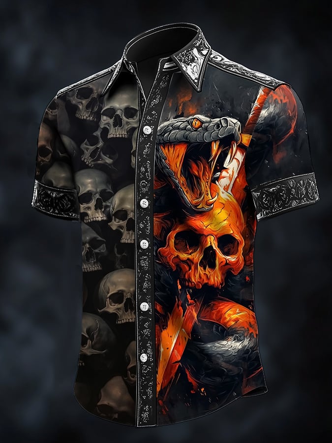 Men's Casual Dark Skull Art Satin Shirt