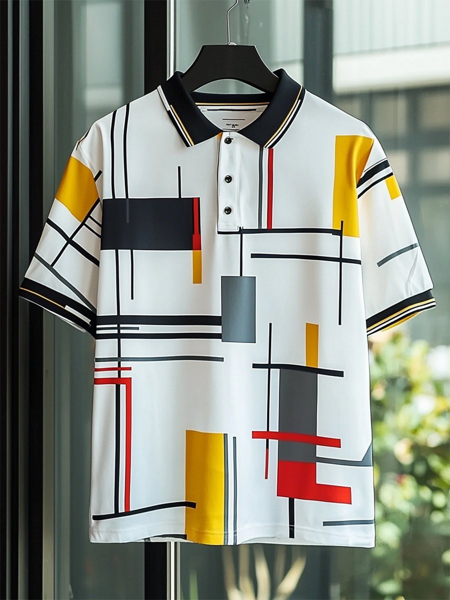 Men's Business Casual Bauhaus Style Button Short Sleeve Polo Shirt