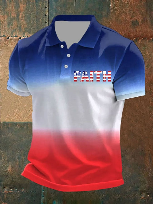 Men's Faith Cross America Flag Printed Short Sleeve POLO T-shirt