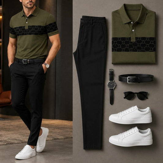 Men's Casual Army Green & Black Printed Polo Shirt And Pants Two-Piece Set