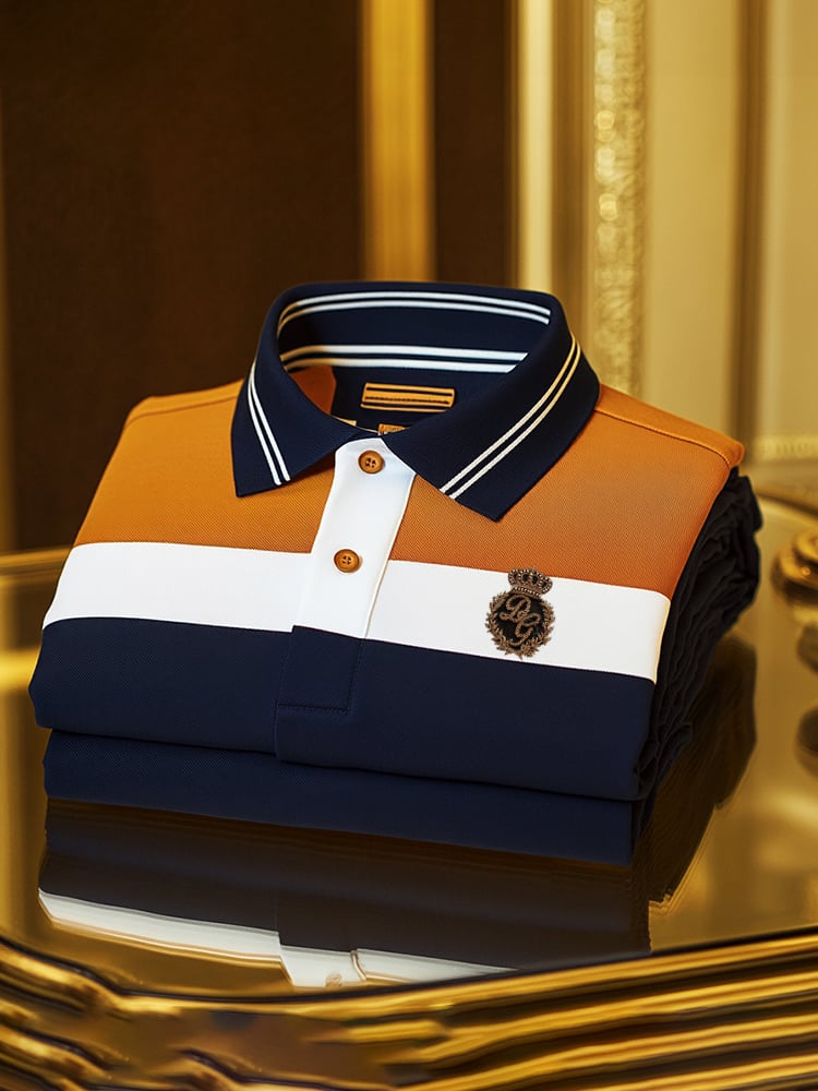 Men's Classic Business Check Logo Button Short Sleeve Polo Shirt