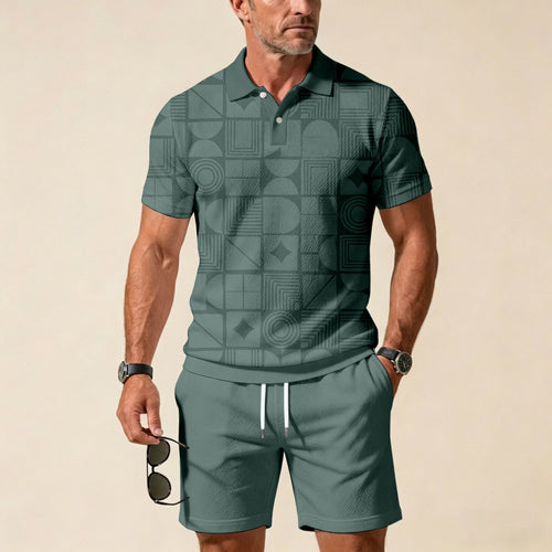 Men's Casual Dark Green Color Matching Printed Short Sleeved Zipper Polo Shirt & Shorts Two-Piece Set