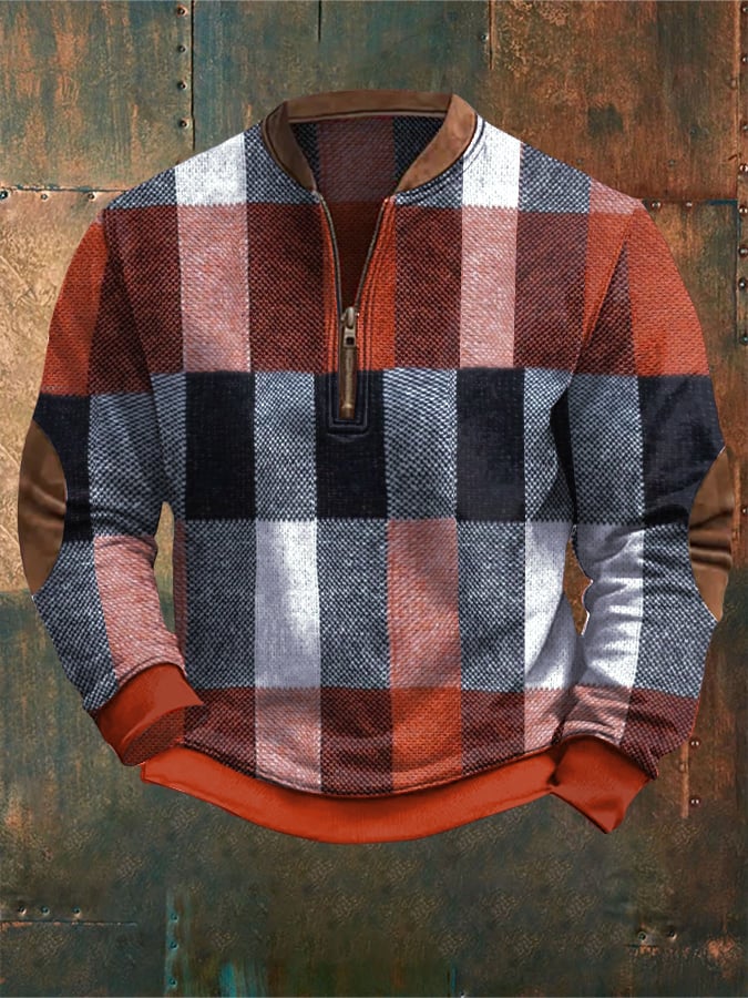 Men's Retro Western Textured Print Zipper Neck Knit Sweatshirt