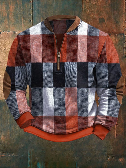 Men's Retro Western Textured Print Zipper Neck Knit Sweatshirt