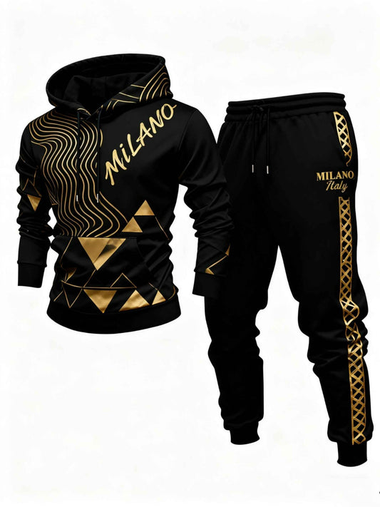 Men's Casual Black & Gold Color Matching Geometric Printed Hoodies Long Sleeved Sweatshirts & Sweatpants Two-Piece Set