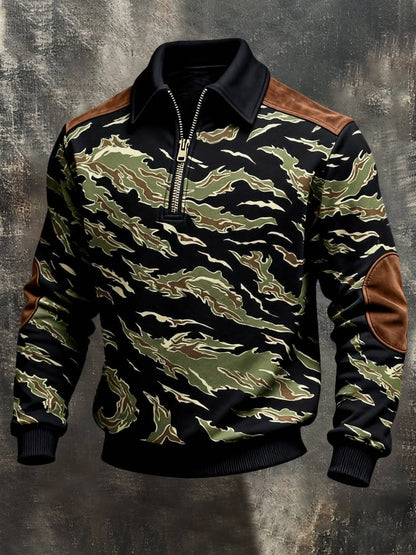 Men's Retro Color Block Print Color-Blocked Zip-Up Sweatshirt