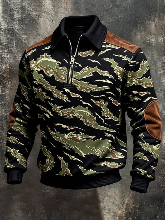 Men's Retro Color Block Print Color-Blocked Zip-Up Sweatshirt
