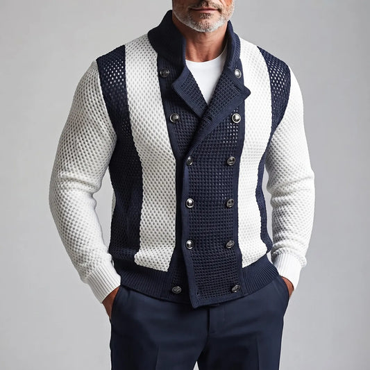 Men's Colorblock Stand Collar Double-Breasted Mesh Hollow Out Cardigan