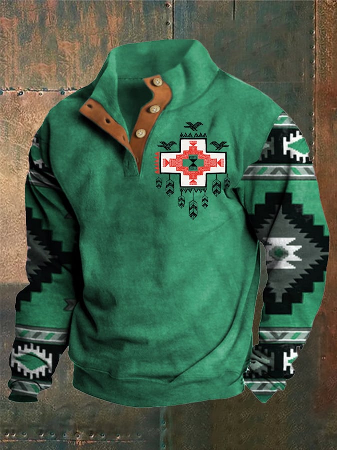 Men's Western Style Printed Stand Collar Button Sweatshirt