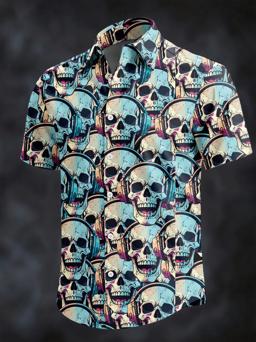 Men's Retro Horror Skull Print Lapel Short Sleeve Shirt