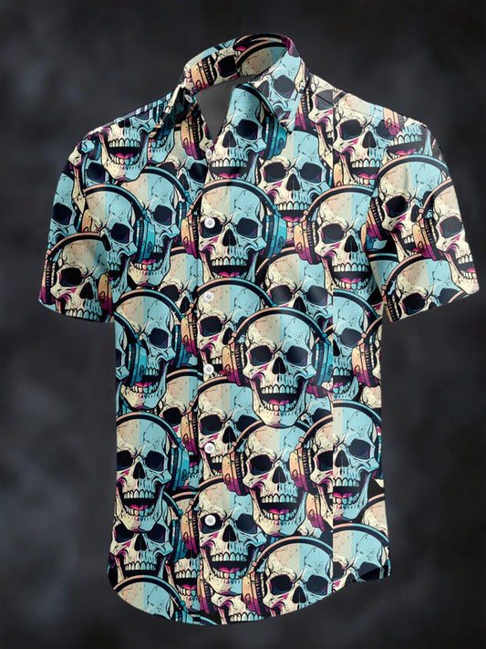 Men's Retro Horror Skull Print Lapel Short Sleeve Shirt