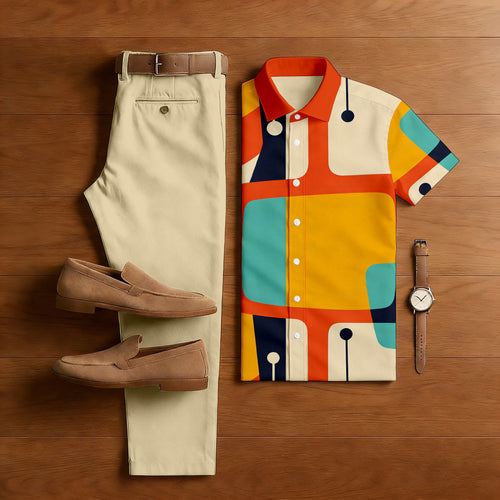 Men's Casual Apricot & Orange Color Matching Art Printed Short Sleeved Shirt & Trousers Two-Piece Set