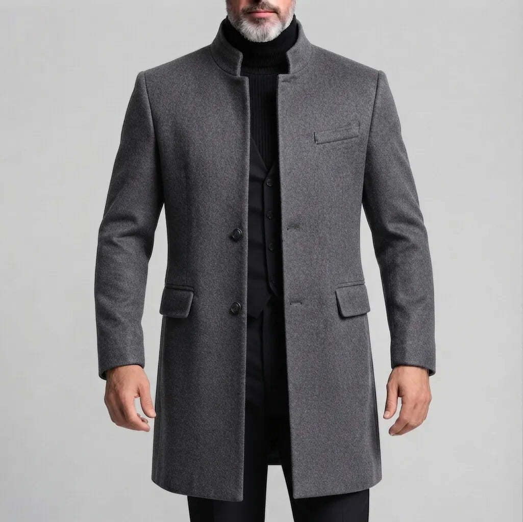 Men's Smart Casual Solid Stand Collar Single Breasted Long Sleeve Mid Length Woolen Coat