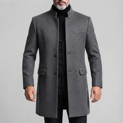 Men's Smart Casual Solid Stand Collar Single Breasted Long Sleeve Mid Length Woolen Coat