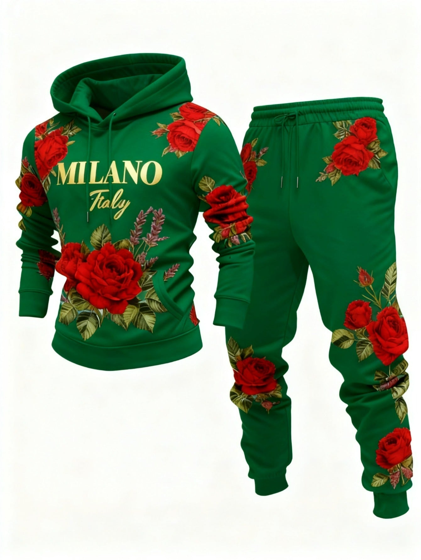 Men's Casual Green & Red Rose Printed Hoodies Long Sleeved Sweatshirts & Sweatpants Two-Piece Set