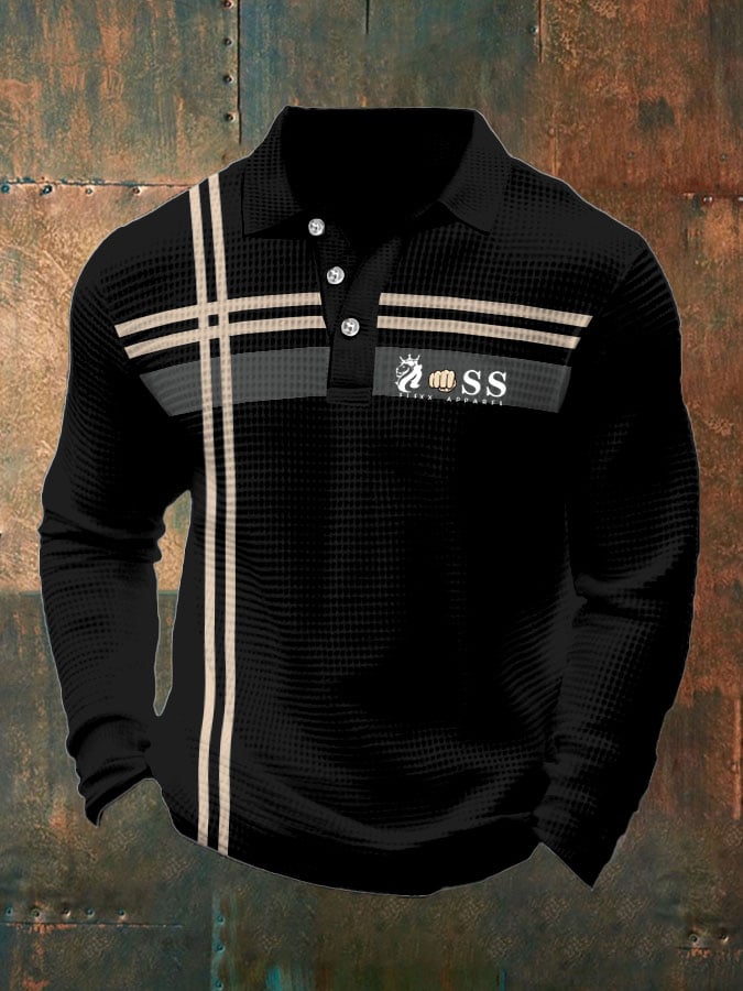 Men's Retro Lettering Design Waffle Fabric Long Sleeve Polo Shirt