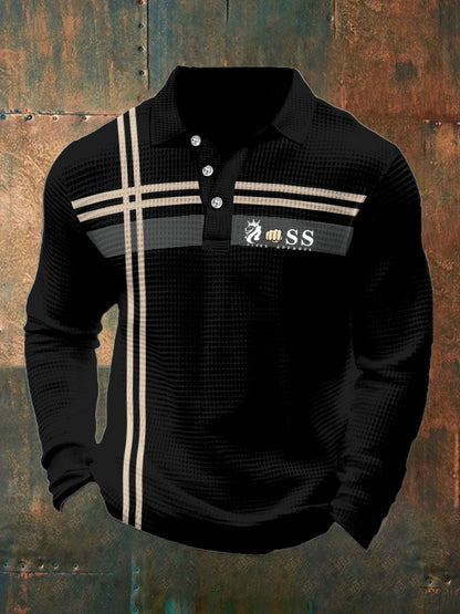 Men's Retro Lettering Design Waffle Fabric Long Sleeve Polo Shirt