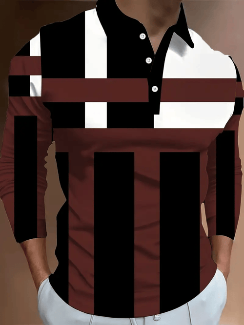 Men's Business Classic Stripe Print Button Polo Shirt