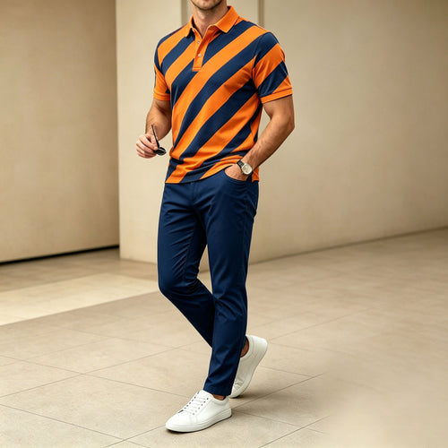 Men's Casual Orange & Navy Stripes Printed Polo Shirt And Pants Two-Piece Set